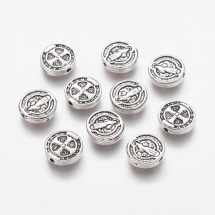 Бусины Металлические, Круглые Плоские, Святой Бенедикт, Цвет: Античное Серебро, Размер: 10х2.5мм, Отв-тие 1мм, (УТ100015252)