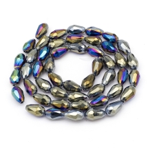 Бусины Гальваника Стекло АВ-Цвет, Граненые, Капля, Цвет: Черный, Размер: 15х10мм, Отверстие 1мм, около 50шт/75см/нить, (УТ100017248)