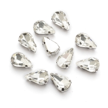 Пришивные Стразы Стекло, Горный Хрусталь, Основа Латунь Цвета Платина, Капля, Цвет: Бесцветный, Размер: 12.5х8х5мм, Отв 0.8-1мм, (УТ100019722)