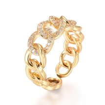 Кольцо Цепь, Регулируемое, Латунь + Фианиты, Стойкое Покрытие, Прозрачные Камни, Цвет: Золото, Размер 16.0, (УТ100021236)