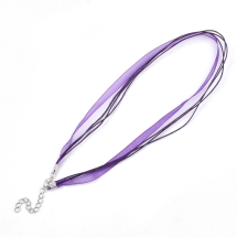 Основа для Ожерелья, 2 Хлопковых Вощеных Шнура и Лента Органза, Застежка и Цепочка, Темно-фиолетовый, Длина 45см, Шнур 1мм, Лента 7мм, (УТ100028587)