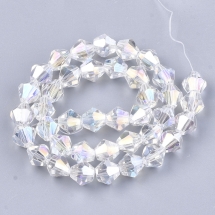 Бусины Гальваника Стекло АВ-Цвет, Граненые, Биконус, Цвет: Бесцветный, Размер: 7.5-8х7.5-8мм, Отв-тие: 1.5мм, около 35шт/28.5см/нить, (УТ100029689)