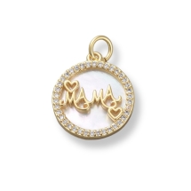 Подвеска Латунь с Перламутром и Фианитами, Плоские Круглые, со словом "Мама", Цвет: Золото. Размер: 18х15.5х3мм, Отверстие 3.5мм, (УТ100031303)