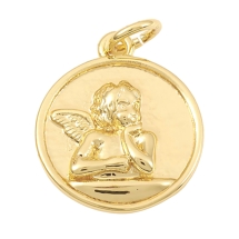 Кулон Ангел, Латунь, Плоский Круглый, Покрытие Золото 18К, Размер: 16.5х14х3мм, Отверстие 3мм, Соединительное кольцо 5х0.8мм, (УТ100031321)