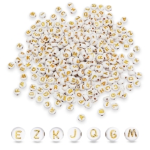 Бусины Акриловые Алфавит Плоские Круглые, Непрозрачные, Белый, Буквы Золотое Покрытие, 7х4мм, Отверстие 1.8мм, около 360шт/50г, (УТ100031475)