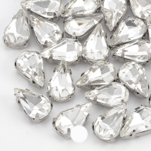 Пришивные Стразы Стеклянные в Цапах Капля, Бесцветный, Основа Латунь, Платина, 10x6.5x4.4мм, Отверстие 0.8-1мм, 50шт/упаковка, (УТ100031781)