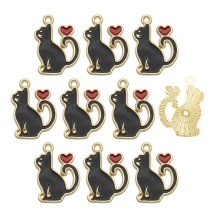 Подвески Кулоны Кот с Сердцем Сплав и Черная Эмаль, Светлое Золото, 21х15мм, (УТ100032011)