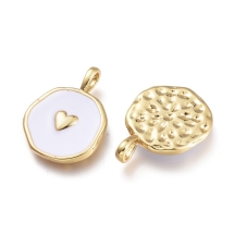 Подвески Кулоны Плоские Круглые с Сердцем, Латунь и Белая Эмаль, Золото, 20х13.5х2.5мм, Отверстие 3.5х2мм, (УТ100032035)