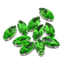 Пришивные Стразы Стеклянные в Цапах, Основа Латунь, Конский глаз, Зеленый, 10х5х4мм, Отверстие 0.8-1мм, (УТ100032195)