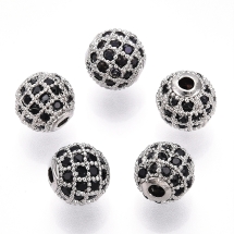 Бусины Латунь с Фианитами, Круглые, Стойкое Покрытие, Платина/Черный, 8х7мм, Отверстие 2мм, (УТ100032486)